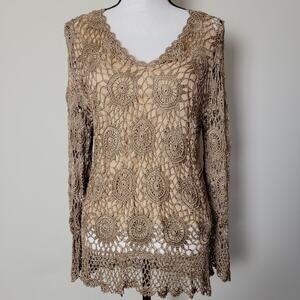 Jos A XL Vintage Y2K Lace Crochet Top Pullover Long Sleeve Tank Lining 2 Pc Look